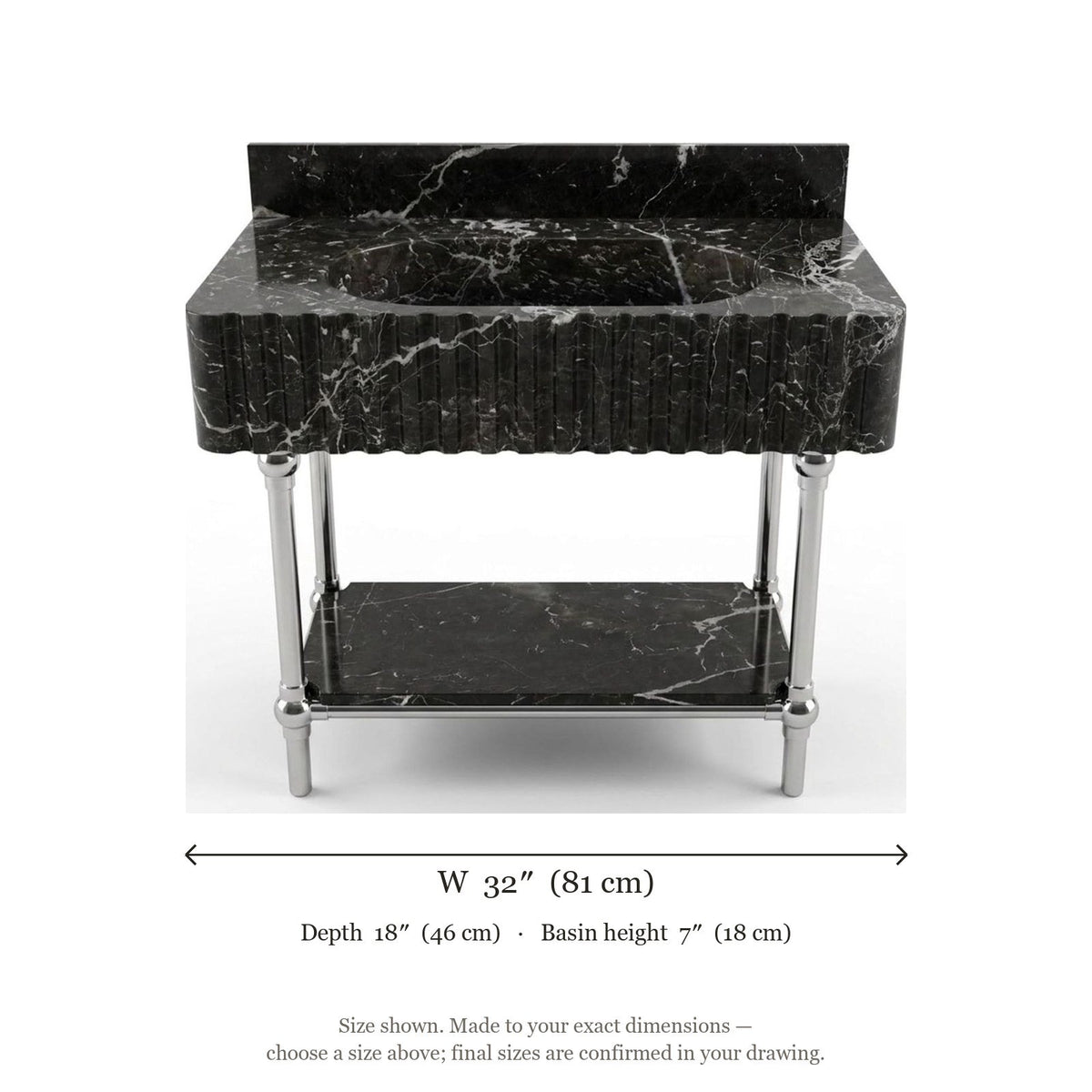 Pietra Notte Fluted Marble Sink with Metal Stand and Backsplash — dimensions — view 4