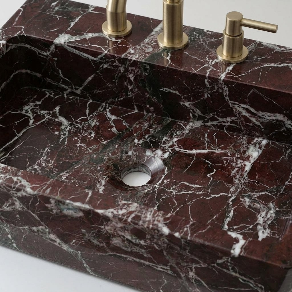 Rosso Levanto Marble Rectangular Sink with 3 Faucet Holes — detail — view 3
