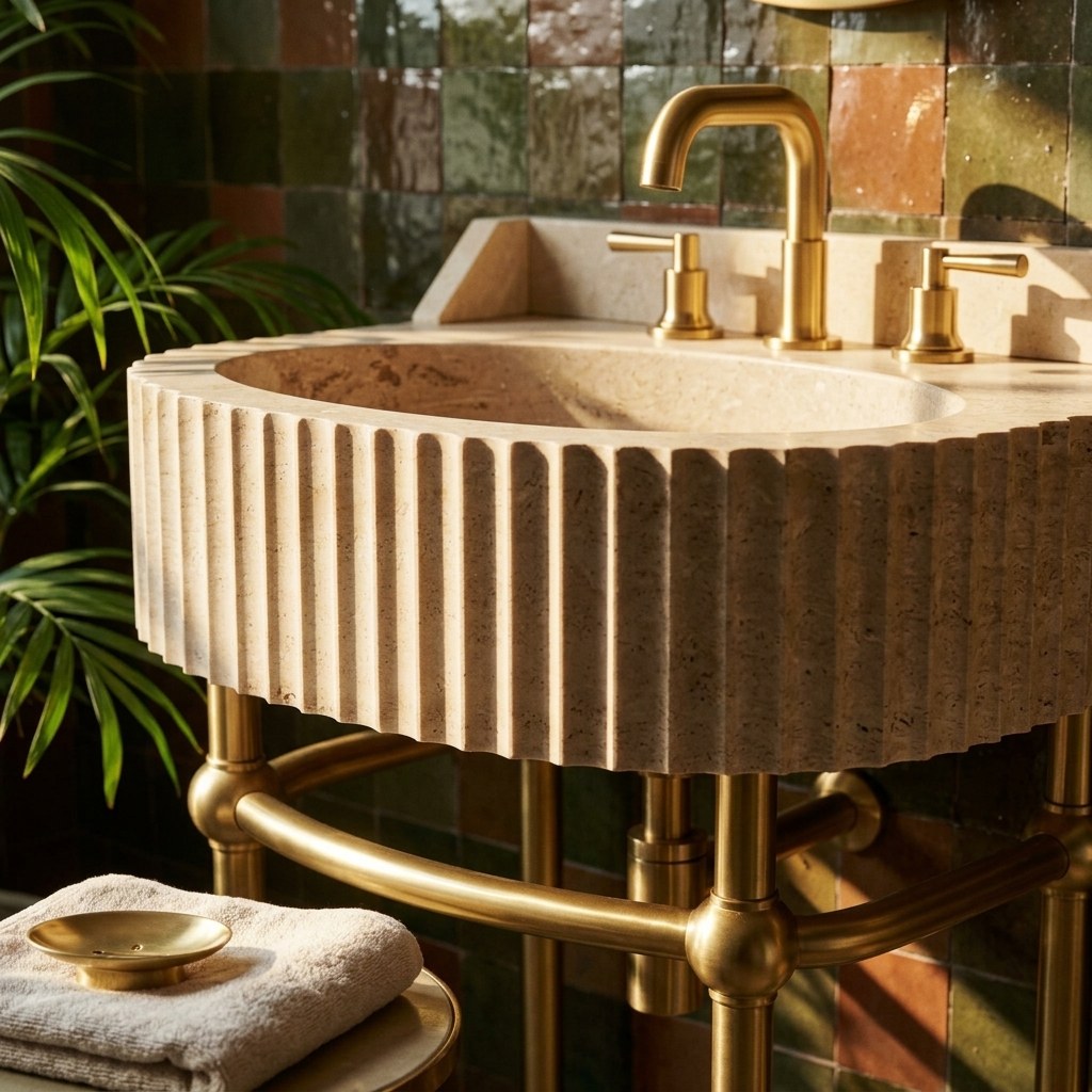 Travertine Fluted Sink with Brass Stand and Backsplash — premium — view 2