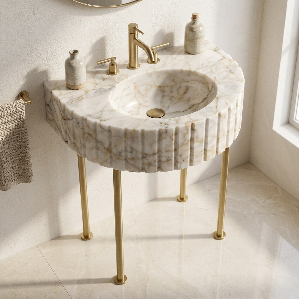 Calacatta Gold Fluted Marble Sink with Copper Legs — detail — view 4
