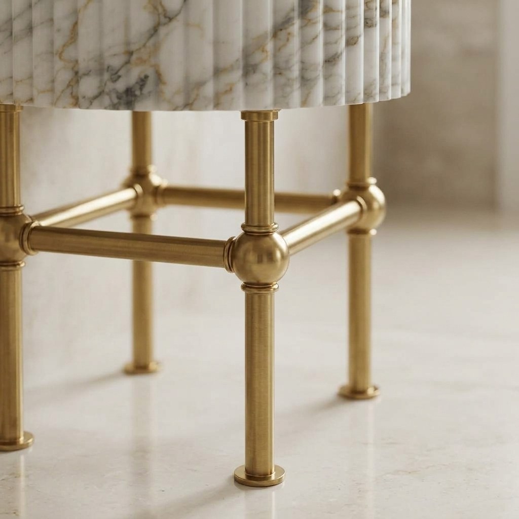 Calacatta Gold Fluted Marble Sink with Brass Stand — detail — view 4