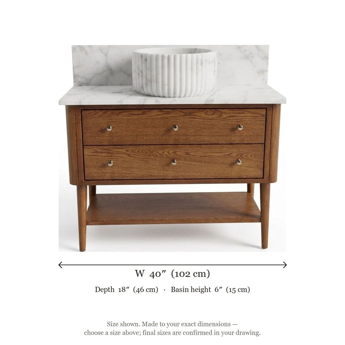 Carrara Honed Fluted Marble Sink Vanity with Backsplash — dimensions — view 5