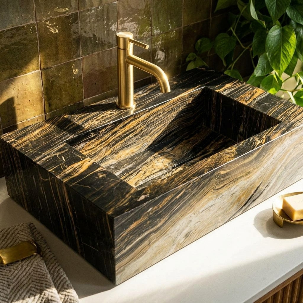 Picasso Polished Marble Rectangular Sink with Faucet Hole — premium — view 2
