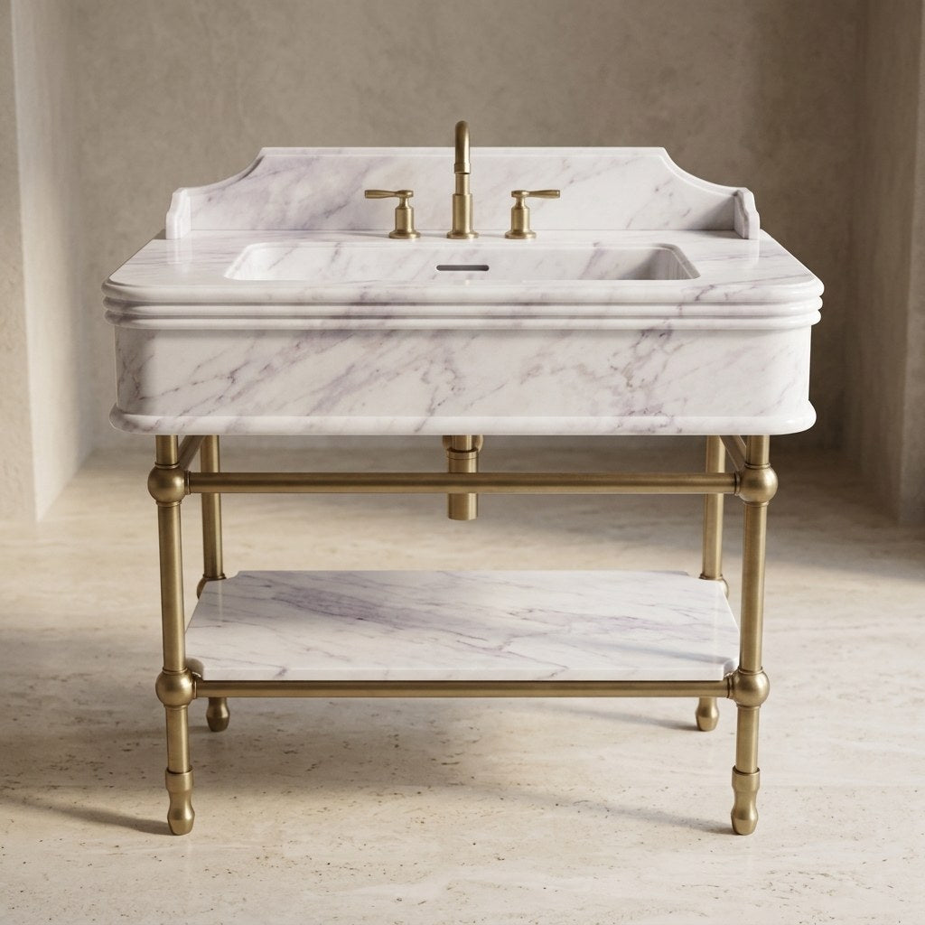Lilac Marble Sink with Antique Brass Stand and Backsplash — detail — view 4