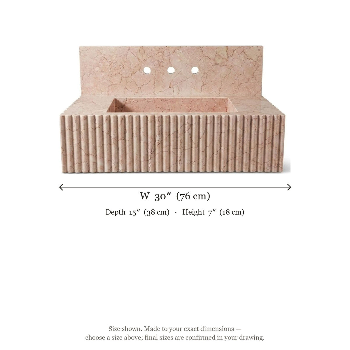 Pink Violet Fluted Marble Sink with Backsplash — dimensions — view 5