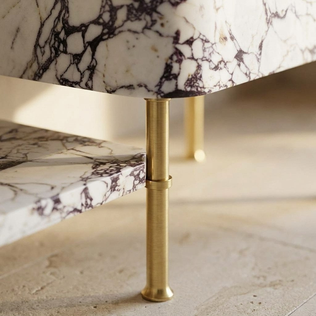 Calacatta Viola Marble Console Sink with Brass Gold Stand — detail — view 4