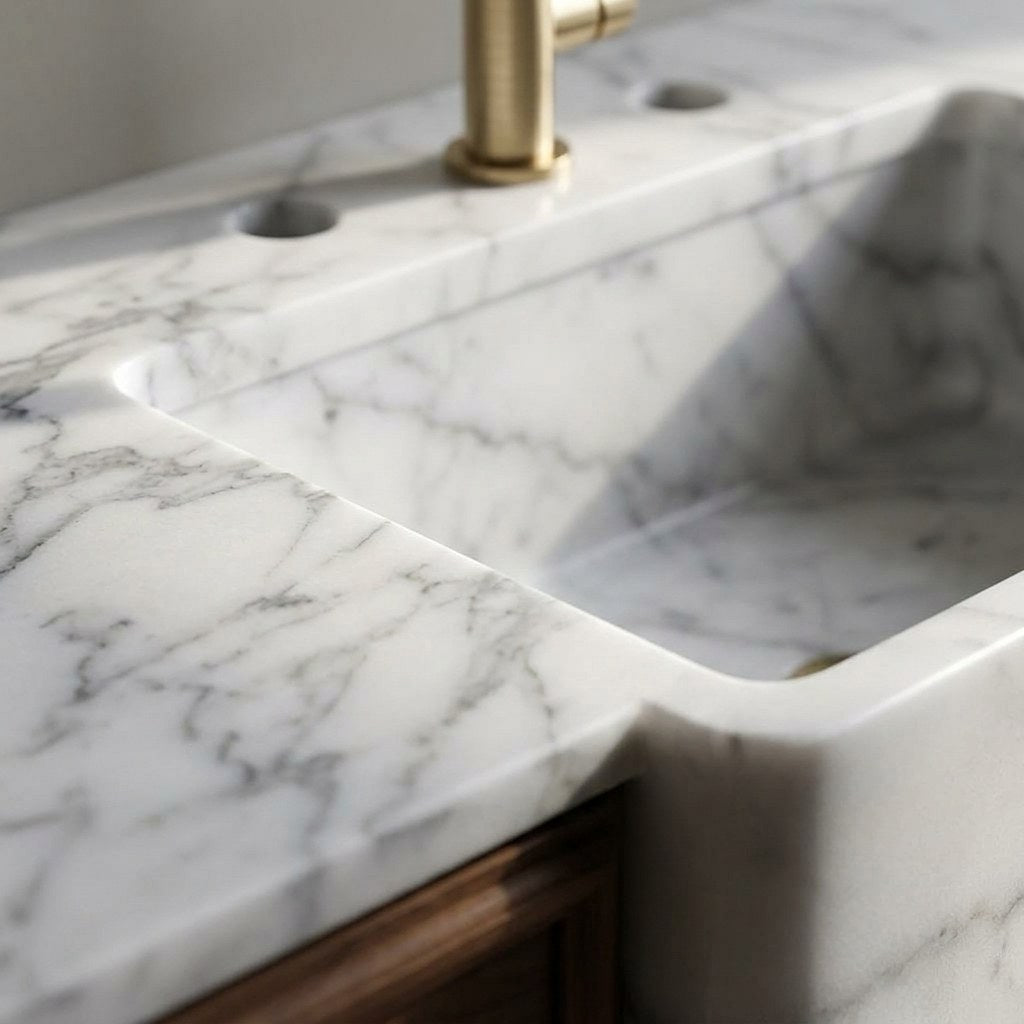 Carrara Marble Polished Double Apron Sink Vanity — marble detail — view 3