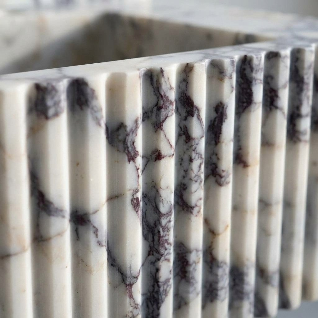 Calacatta Viola Fluted Marble Sink with Backsplash — marble detail — view 2