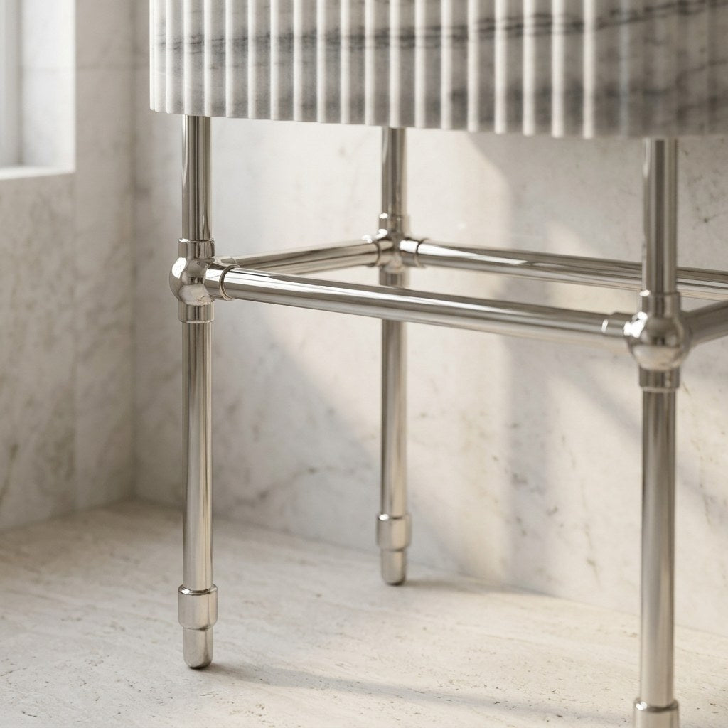 Carrara Fluted Marble Sink with Brushed Steel Stand — detail — view 4