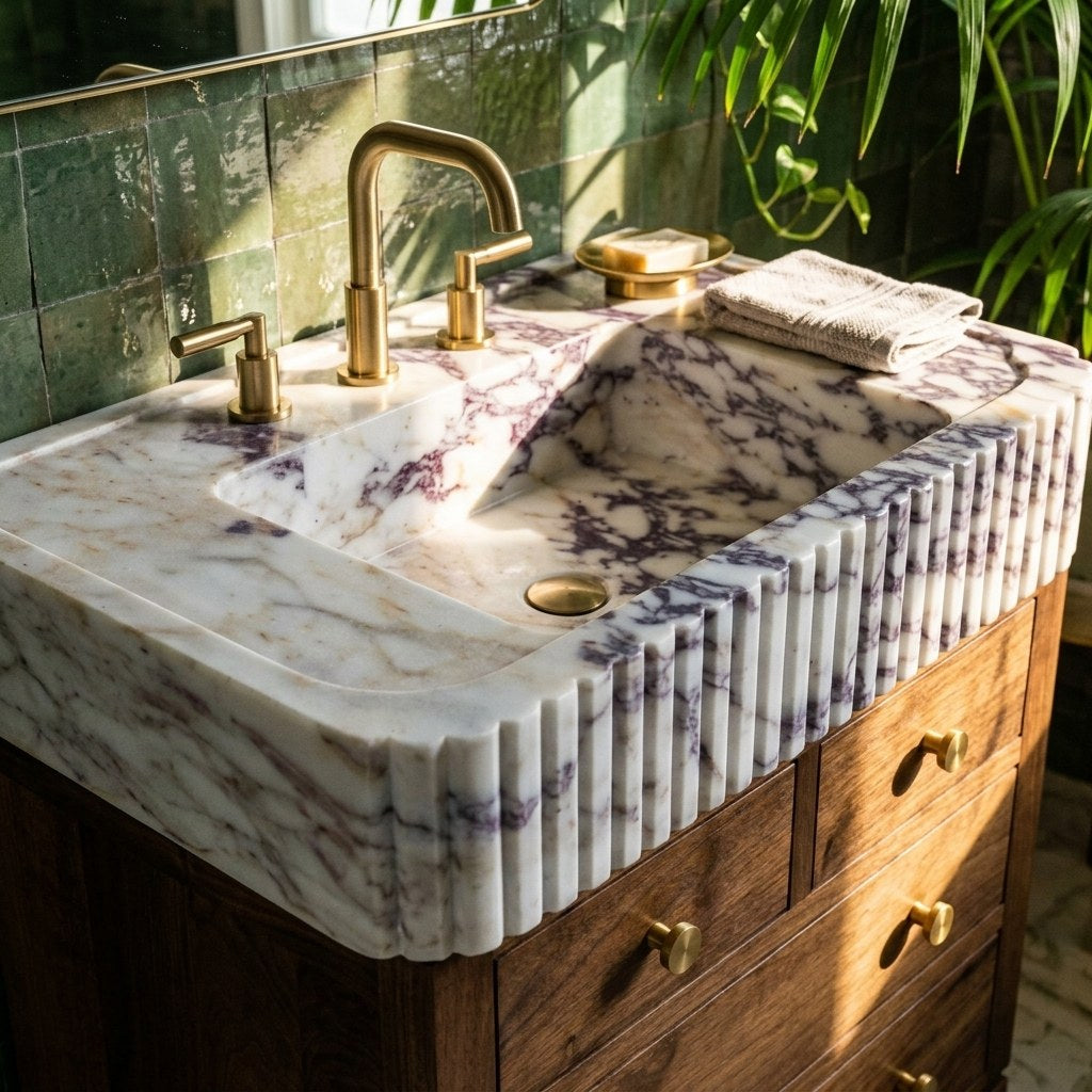 Calacatta Viola Fluted Honed Marble Vanity Sink — premium — view 2