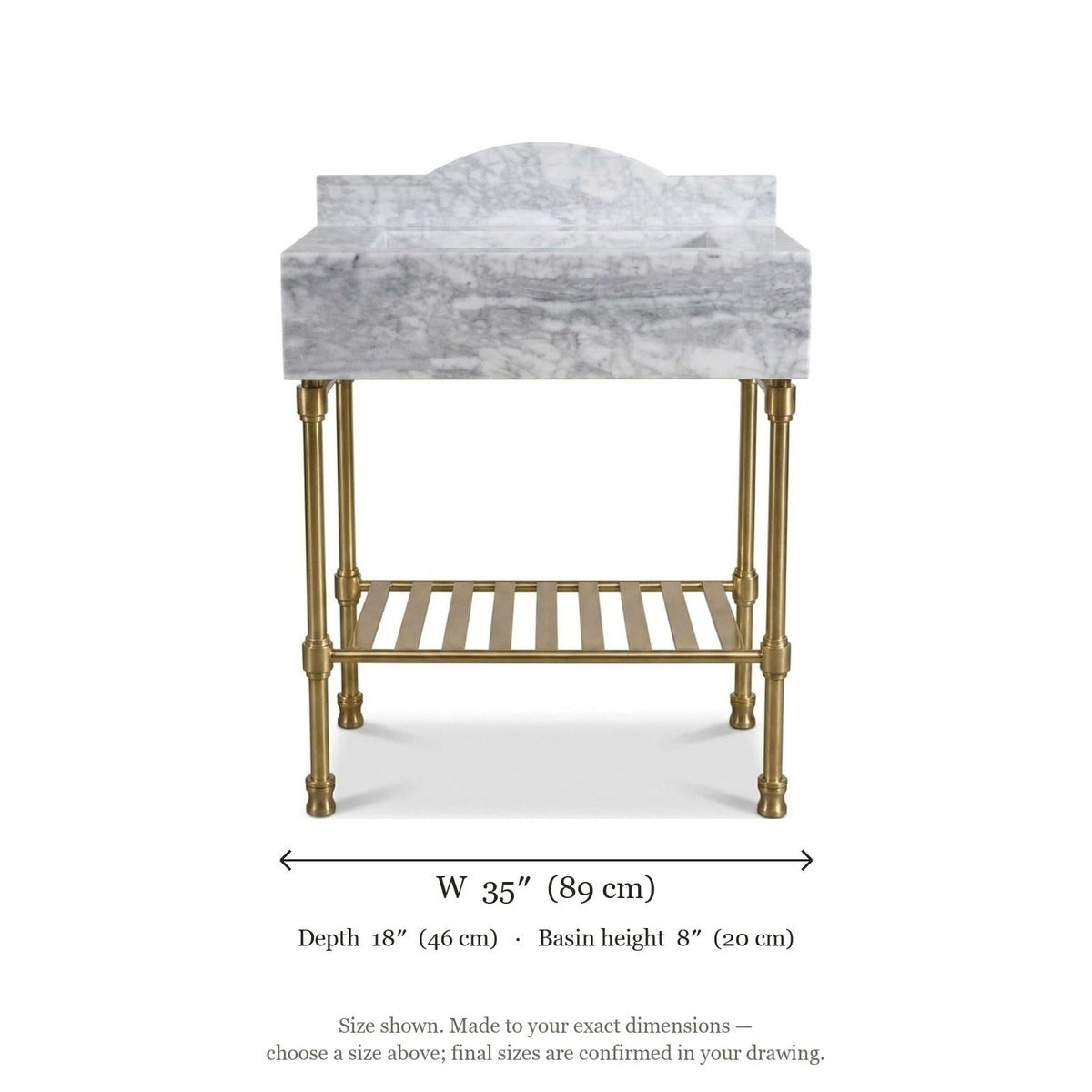 Carrara Honed Marble Sink with Brass Gold Stand — dimensions — view 5