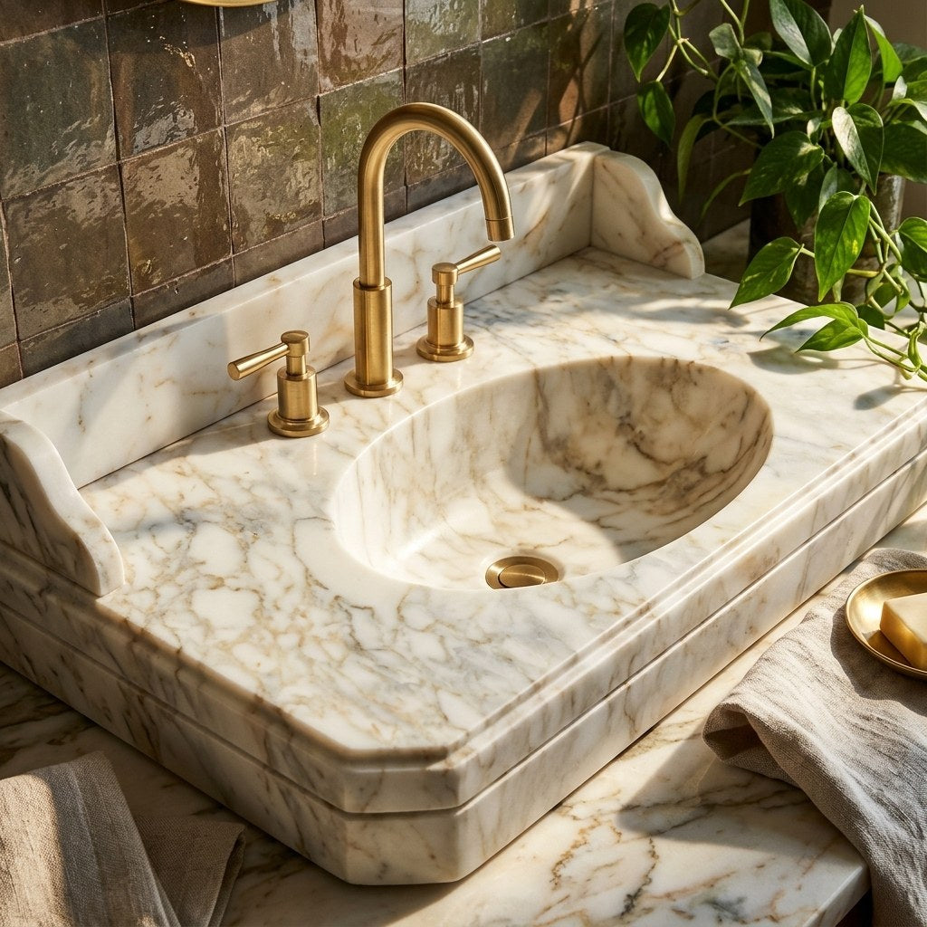 Calacatta Gold Honed Marble Sink with Backsplash — premium — view 2