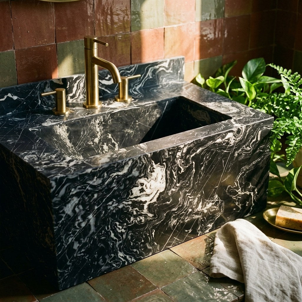 Nero Marquina Honed Marble Sink with Backsplash — premium — view 2