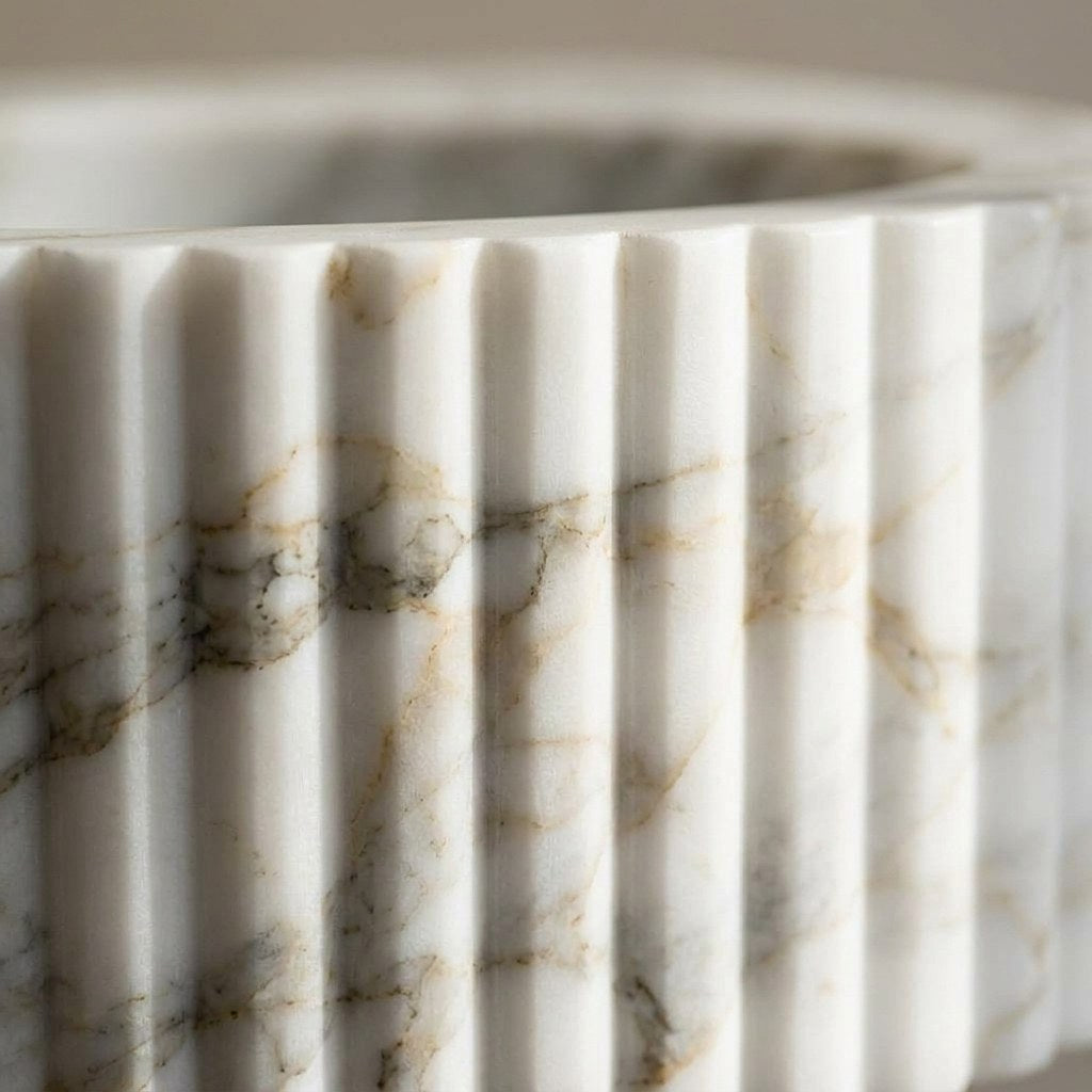Calacatta Gold Fluted Marble Sink with Brass Stand — marble detail — view 3