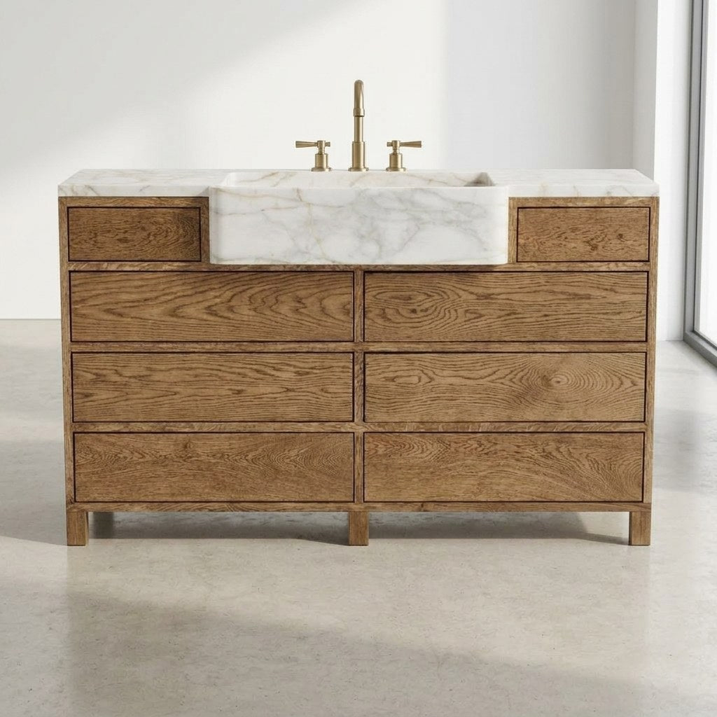 Calacatta Gold Marble Vanity with Wood Cabinet — marble detail — view 2