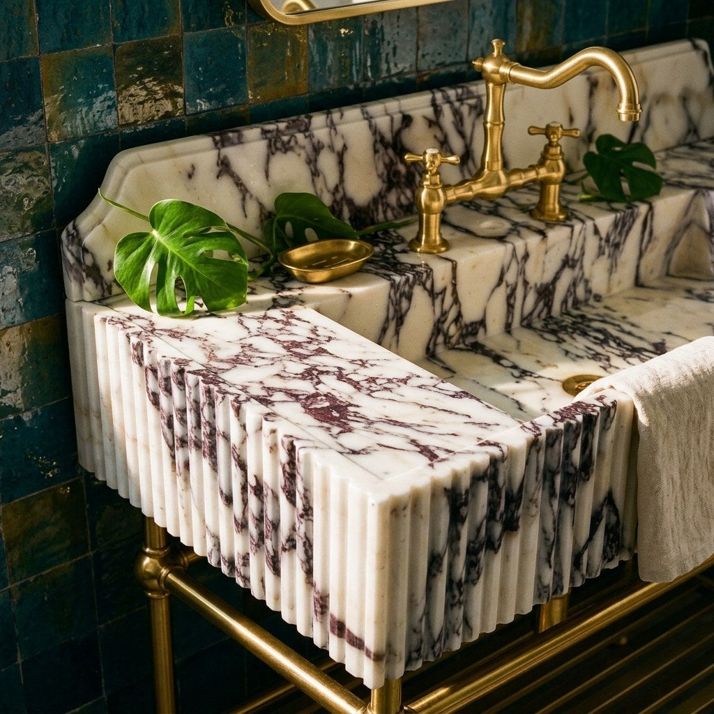 Calacatta Viola Fluted Marble Sink with Backsplash — premium — view 2