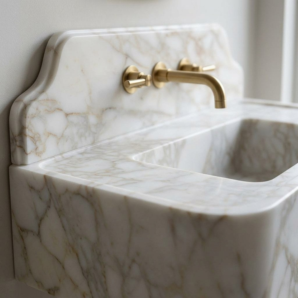 Calacatta Gold Honed Marble Sink with Backsplash — marble detail — view 3