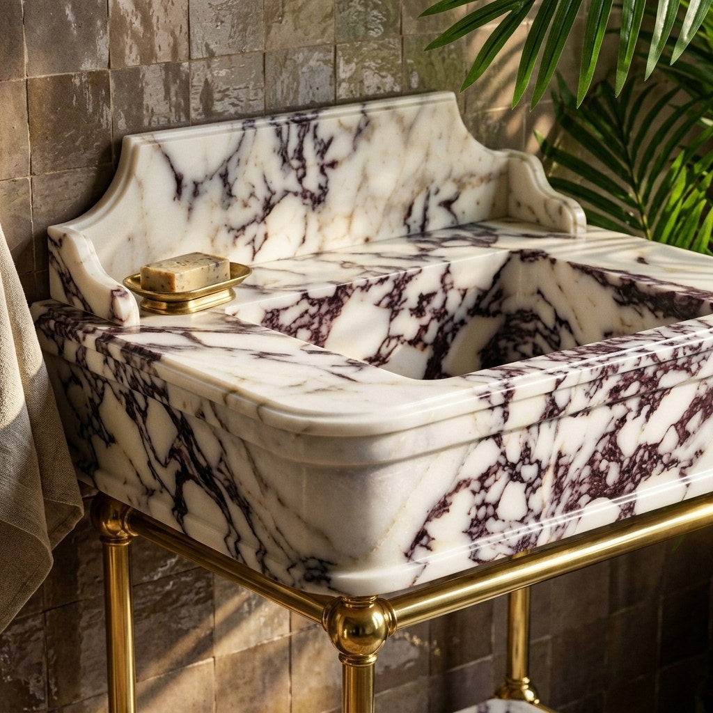 Calacatta Viola Marble Sink with Brass Stand and Backsplash — premium — view 2