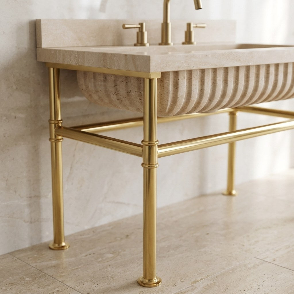 Travertine Fluted Console Sink with Brass Stand — detail — view 4