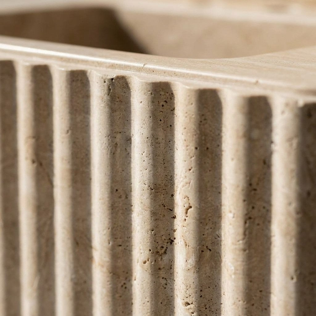 Travertine Fluted Console Sink with Brass Stand — marble detail — view 3