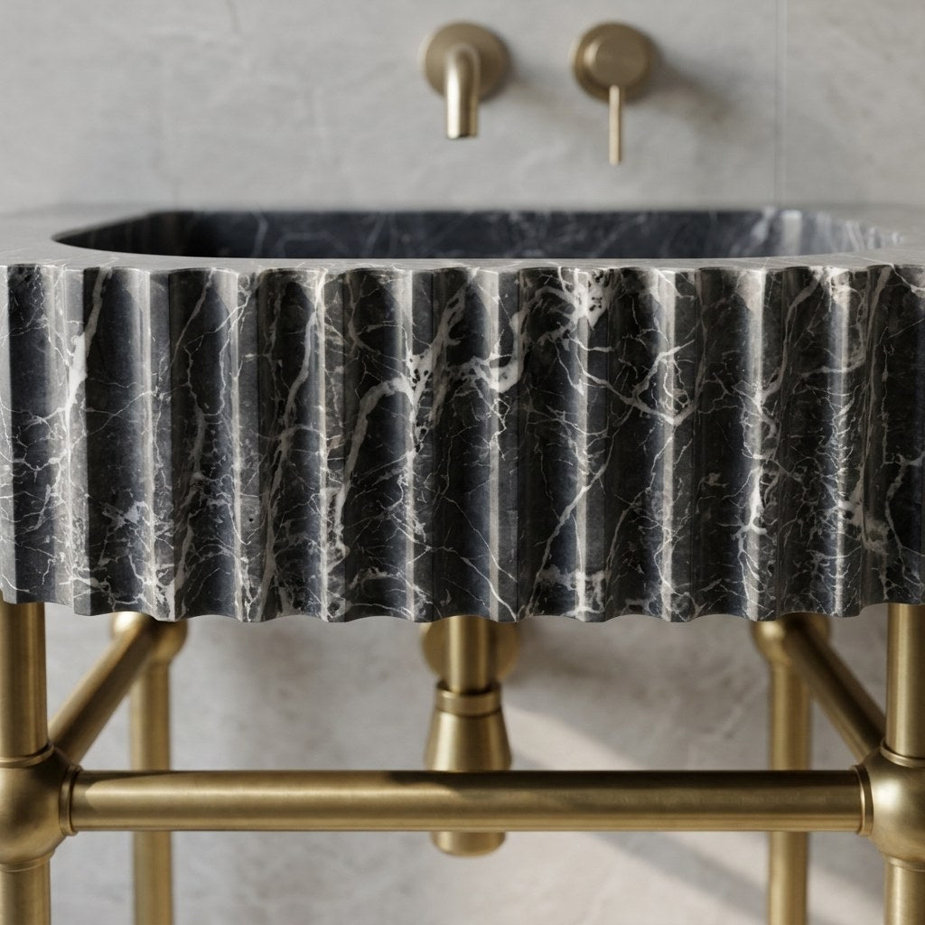 Pietra Notte Fluted Marble Sink with Copper Stand — marble detail — view 3