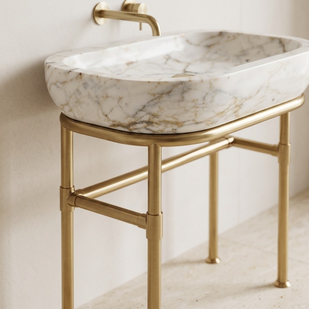 Calacatta Gold Marble Sink with Brass Stand — detail — view 3