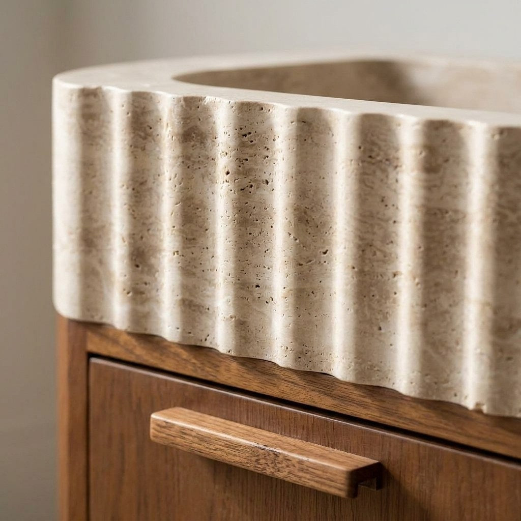 Honed Travertine Fluted Sink with Wooden Vanity — marble detail — view 3