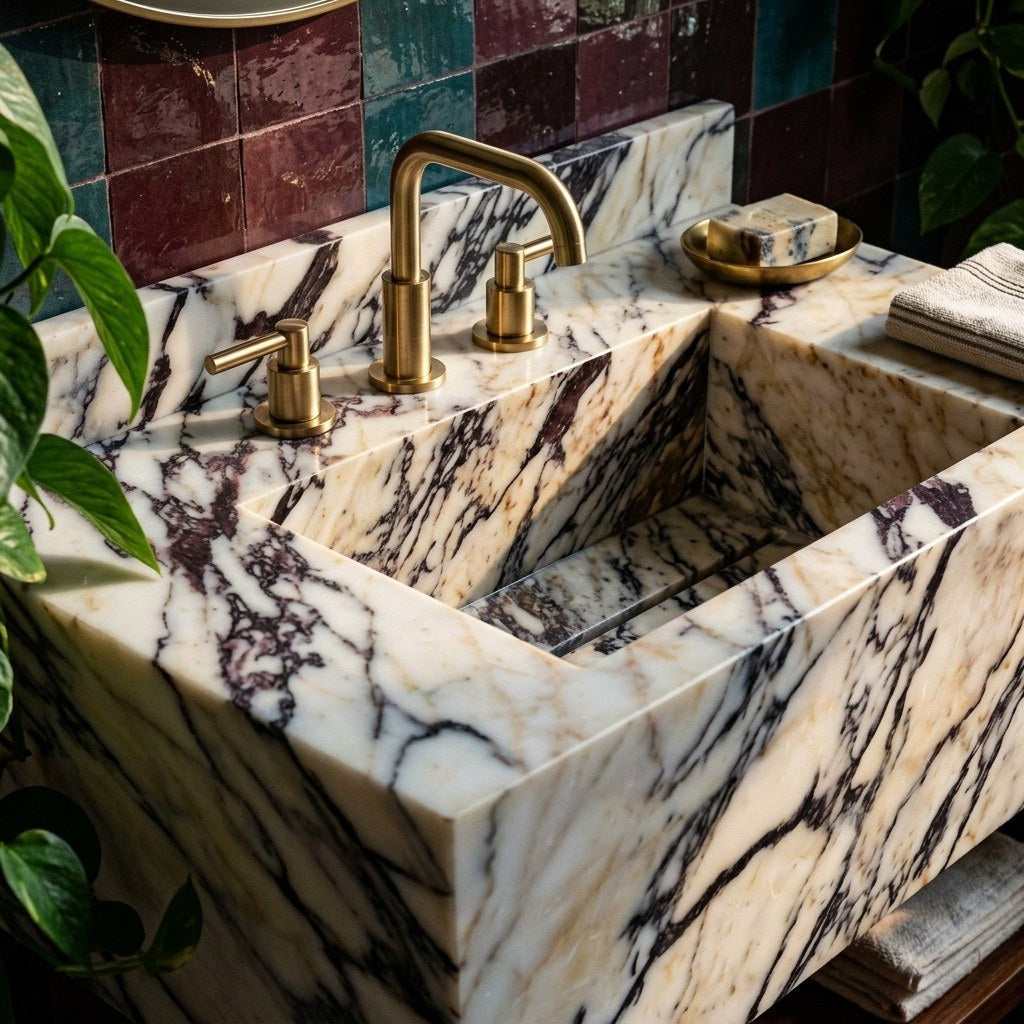 Calacatta Viola Polished Marble Sink with Backsplash — premium — view 2