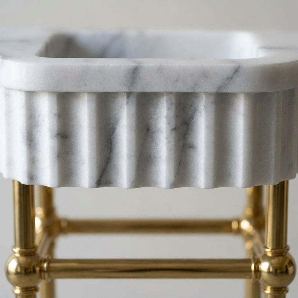 Carrara Fluted Marble Sink with Brass Stand — marble detail — view 2