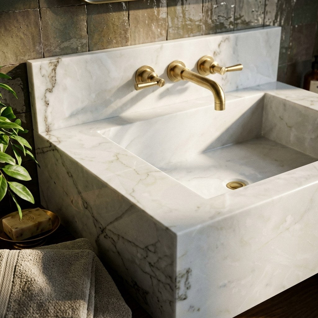 Polished Carrara Marble Sink with Backsplash — premium — view 2