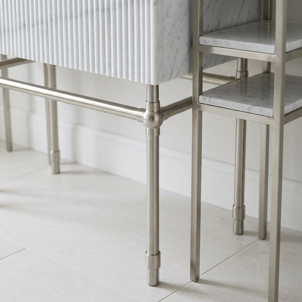 Carrara Fluted Marble Vanity with Brushed Steel Stand — detail — view 4