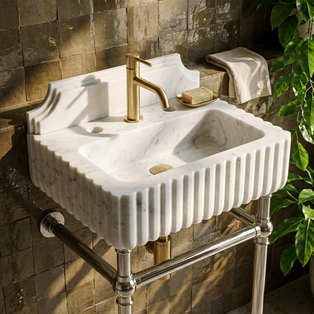 Carrara Fluted Marble Sink with Brushed Steel Stand — premium — view 2