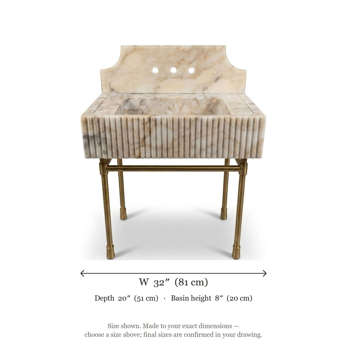 Calacatta Gold Fluted Marble Sink with Brass Stand — dimensions — view 5