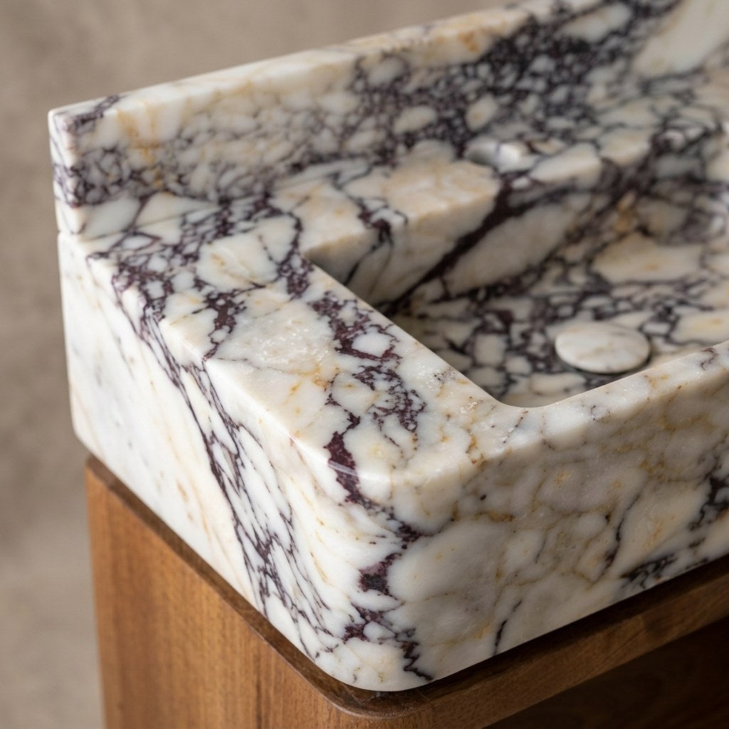 Calacatta Viola Polished Marble Vanity with Backsplash — marble detail — view 3