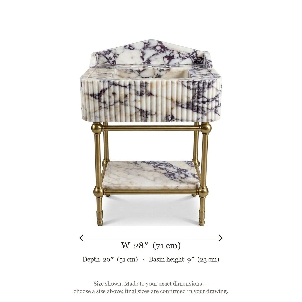 Calacatta Viola Fluted Marble Sink with Brass Stand — dimensions — view 5