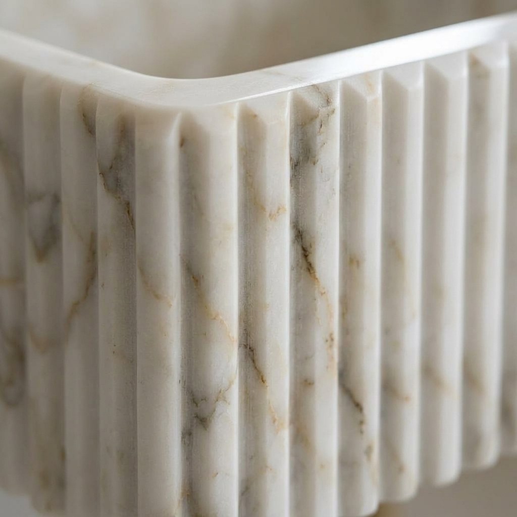 Calacatta Gold Fluted Marble Sink with Brass Stand — marble detail — view 3