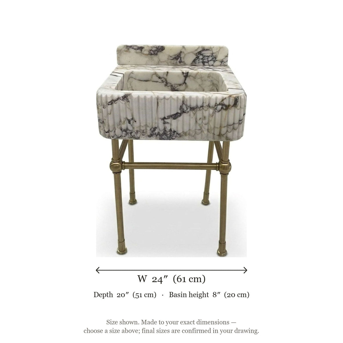 Calacatta Viola Fluted Marble Sink with Brass Stand and Backsplash — dimensions — view 4