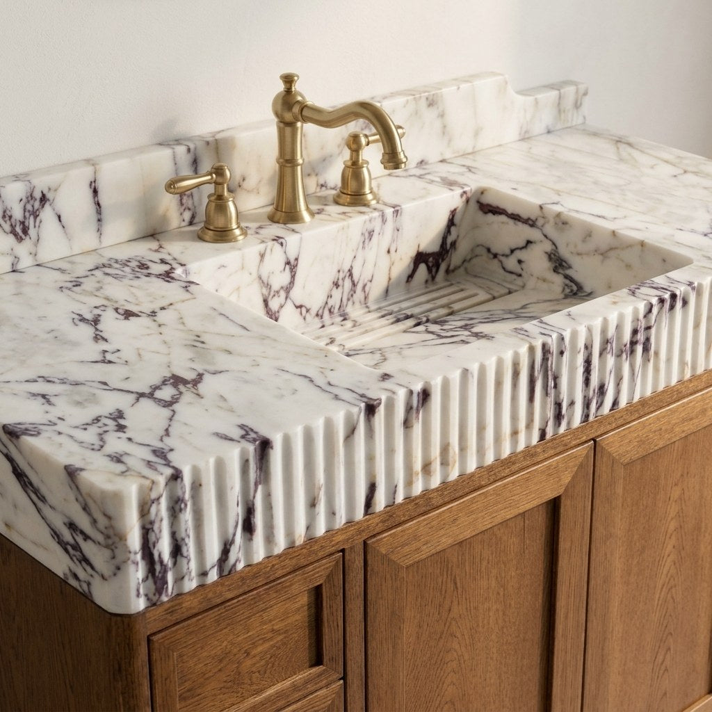 Calacatta Viola Fluted Marble Vanity with Backsplash — detail — view 4