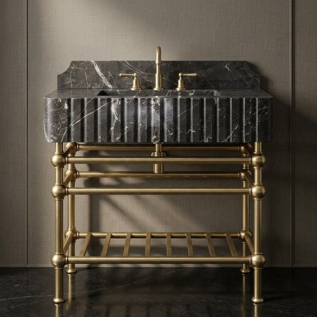Pietra Notte Fluted Marble Sink with Brass Stand — marble detail — view 3