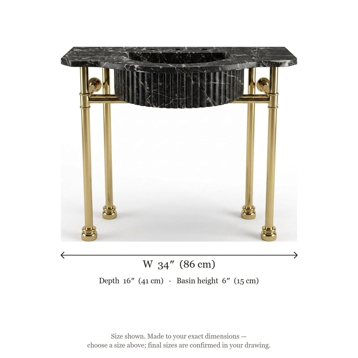 Pietra Notte Fluted Marble Sink with Brass Stand — dimensions — view 5