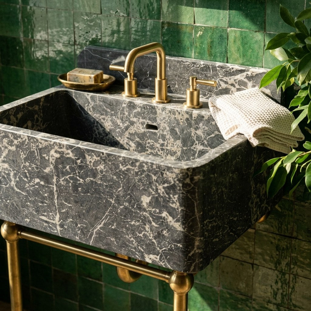 Pietra Notte Marble Sink with Brass Stand and Backsplash — premium — view 2
