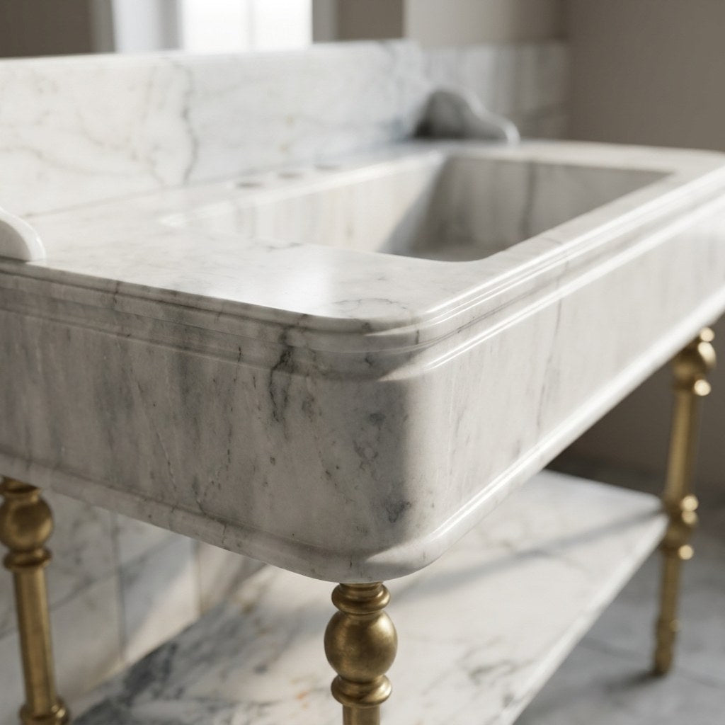 Carrara Honed Marble Sink with Brass Stand and Backsplash — marble detail — view 3