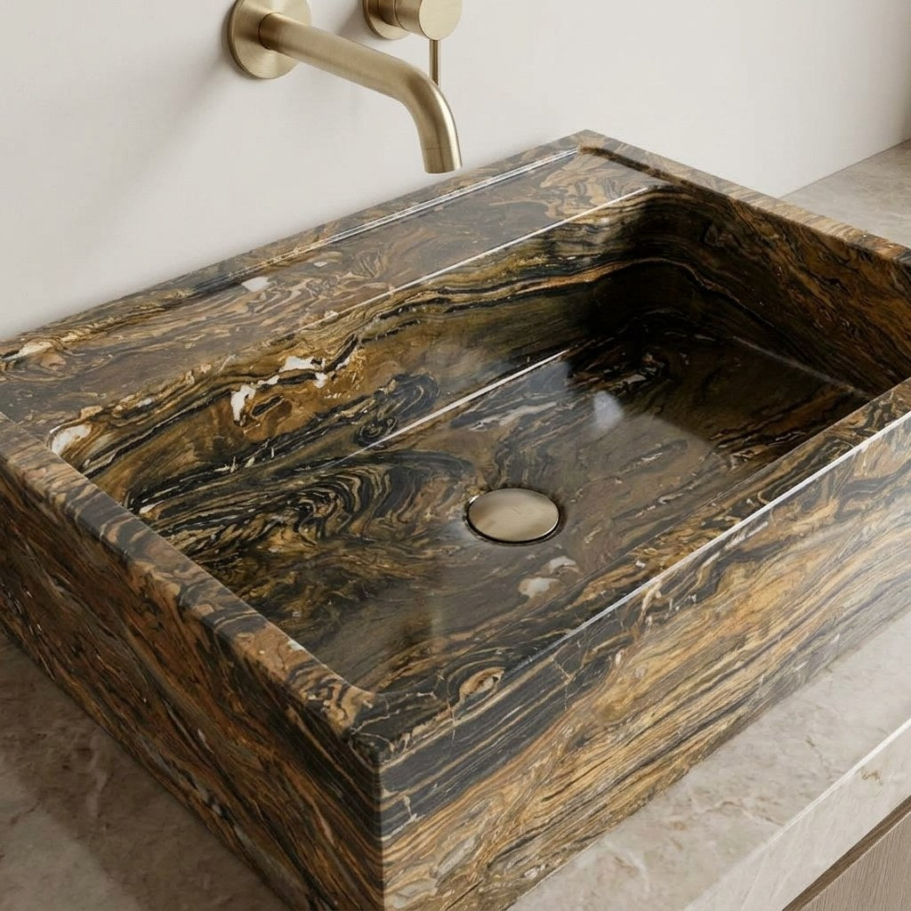 Picasso Polished Marble Rectangular Vessel Sink — 38″ — detail — view 4