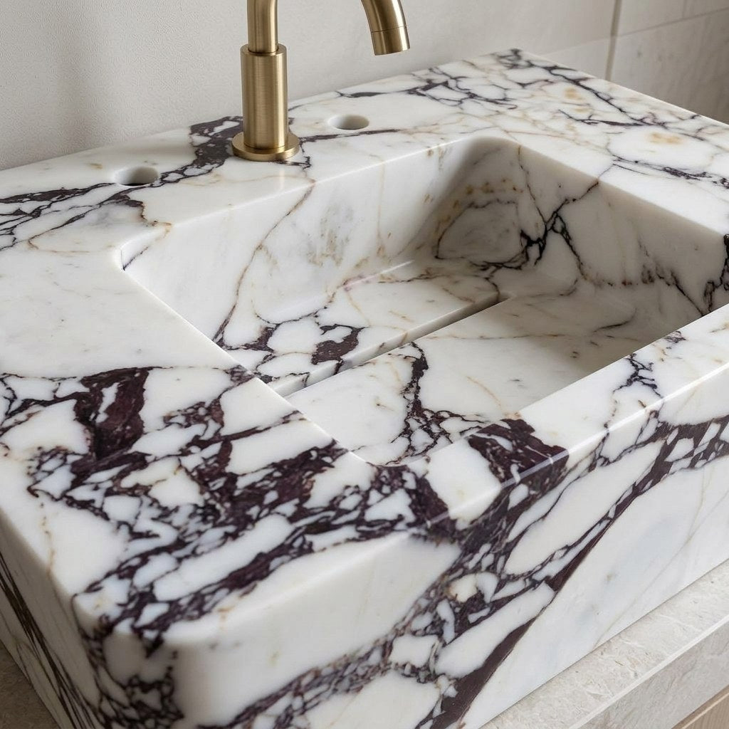Calacatta Viola Polished Marble Sink with 3 Faucet Holes — detail — view 4