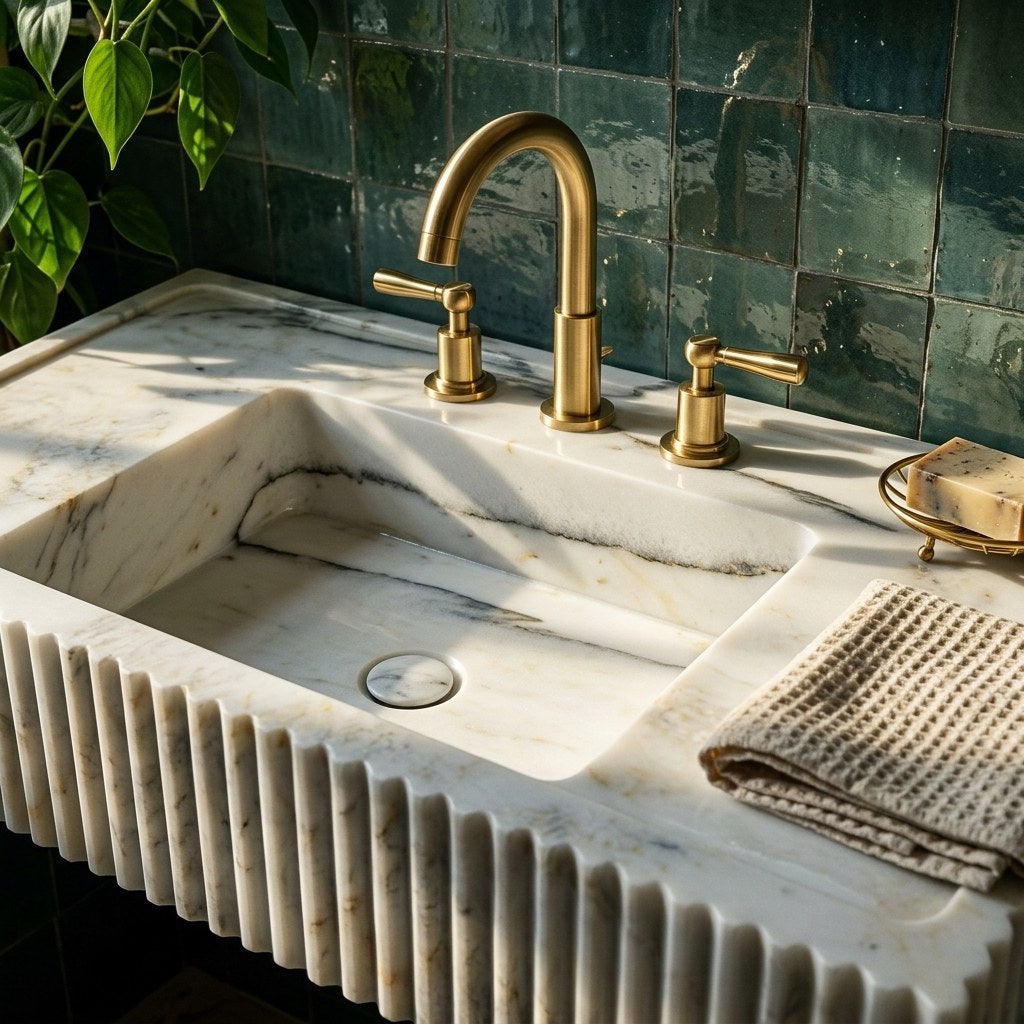 Carrara Fluted Polished Marble Sink — premium — view 2