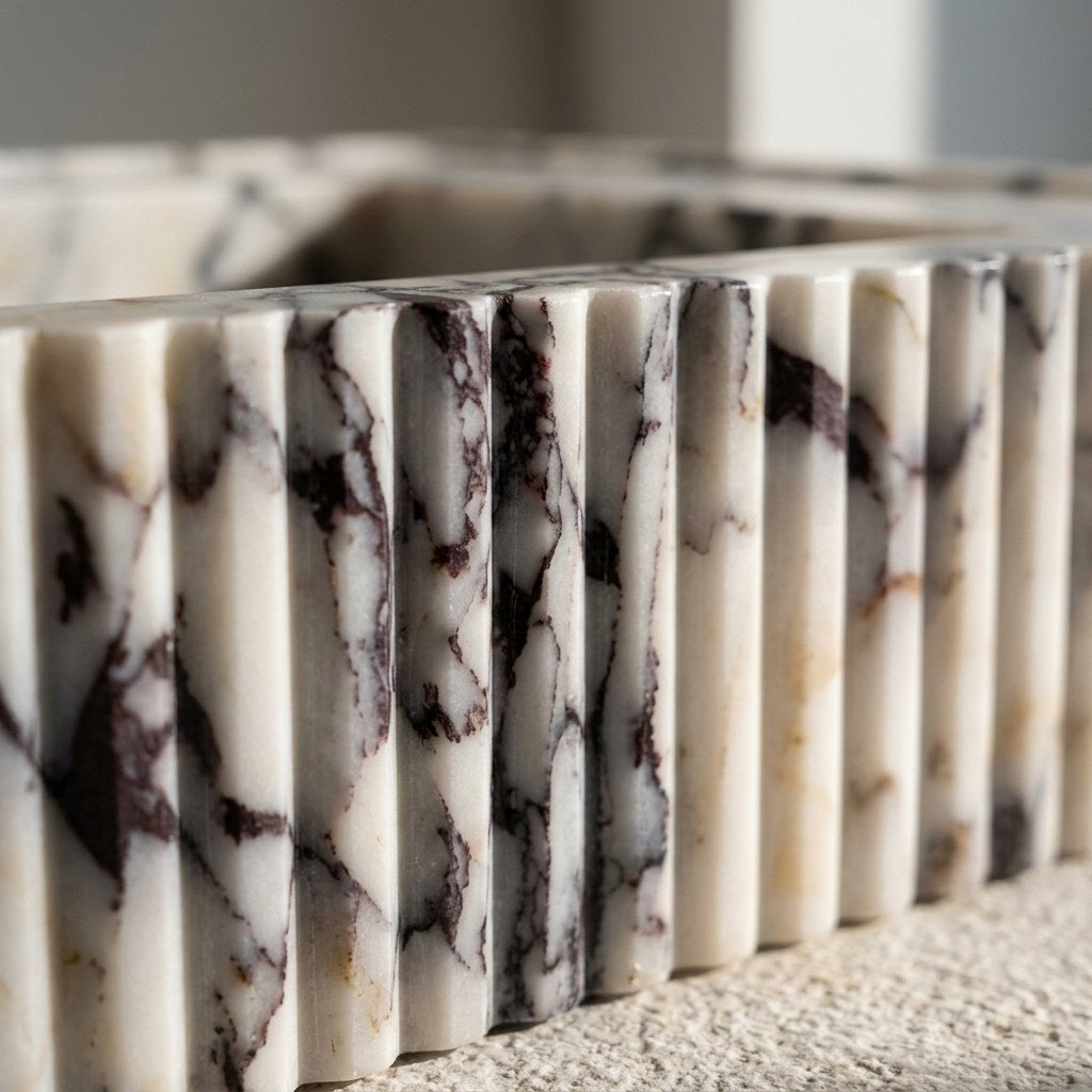 Calacatta Viola Fluted Polished Marble Sink — marble detail — view 3