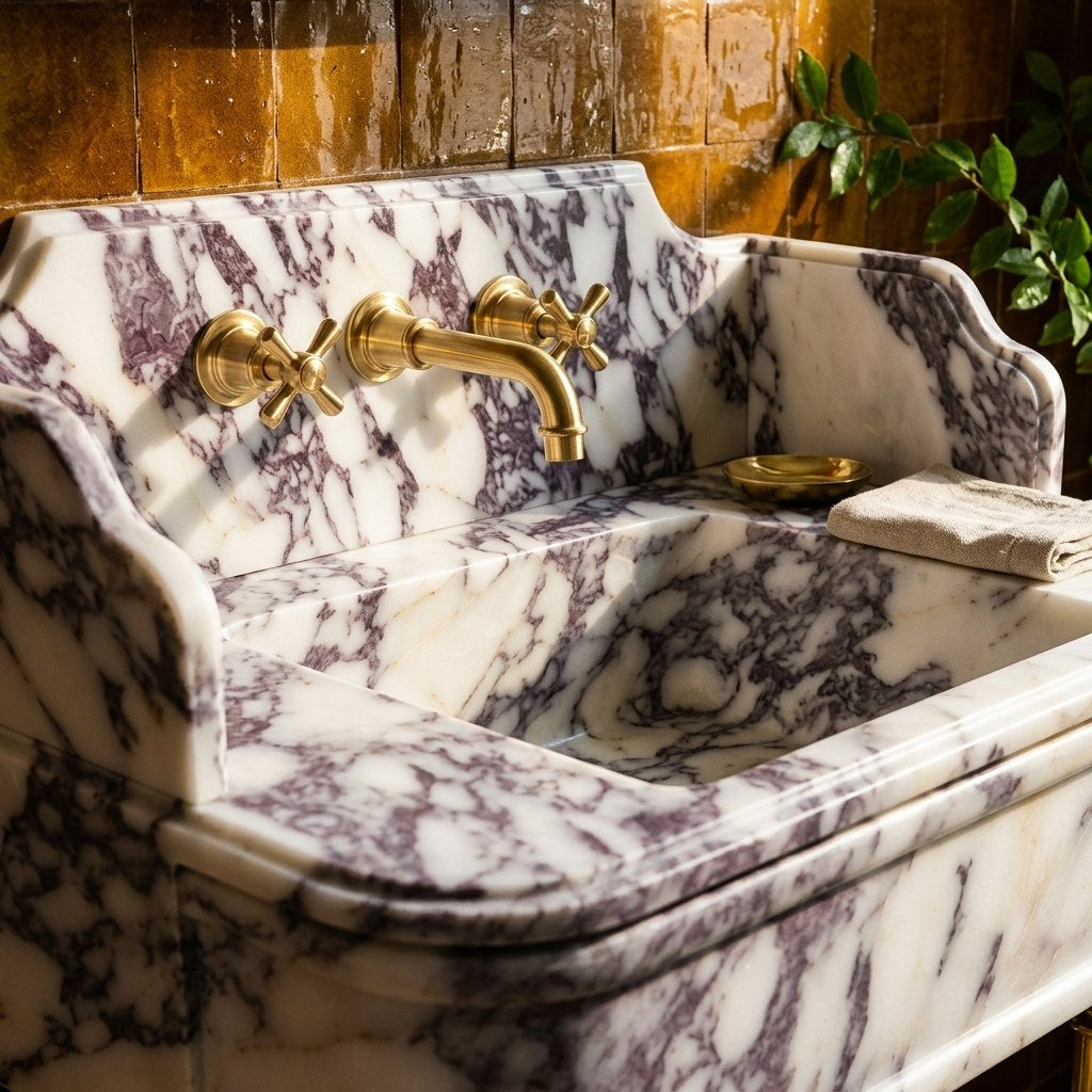 Calacatta Viola Marble Sink with Brass Stand and Backsplash — premium — view 2
