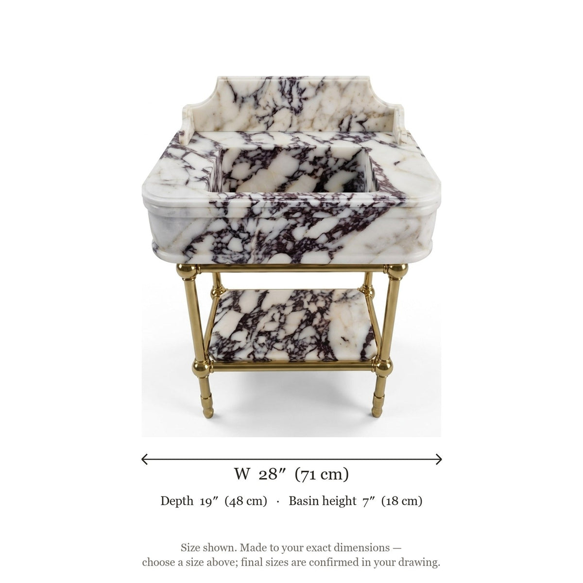 Calacatta Viola Marble Sink with Brass Stand and Backsplash — dimensions — view 5