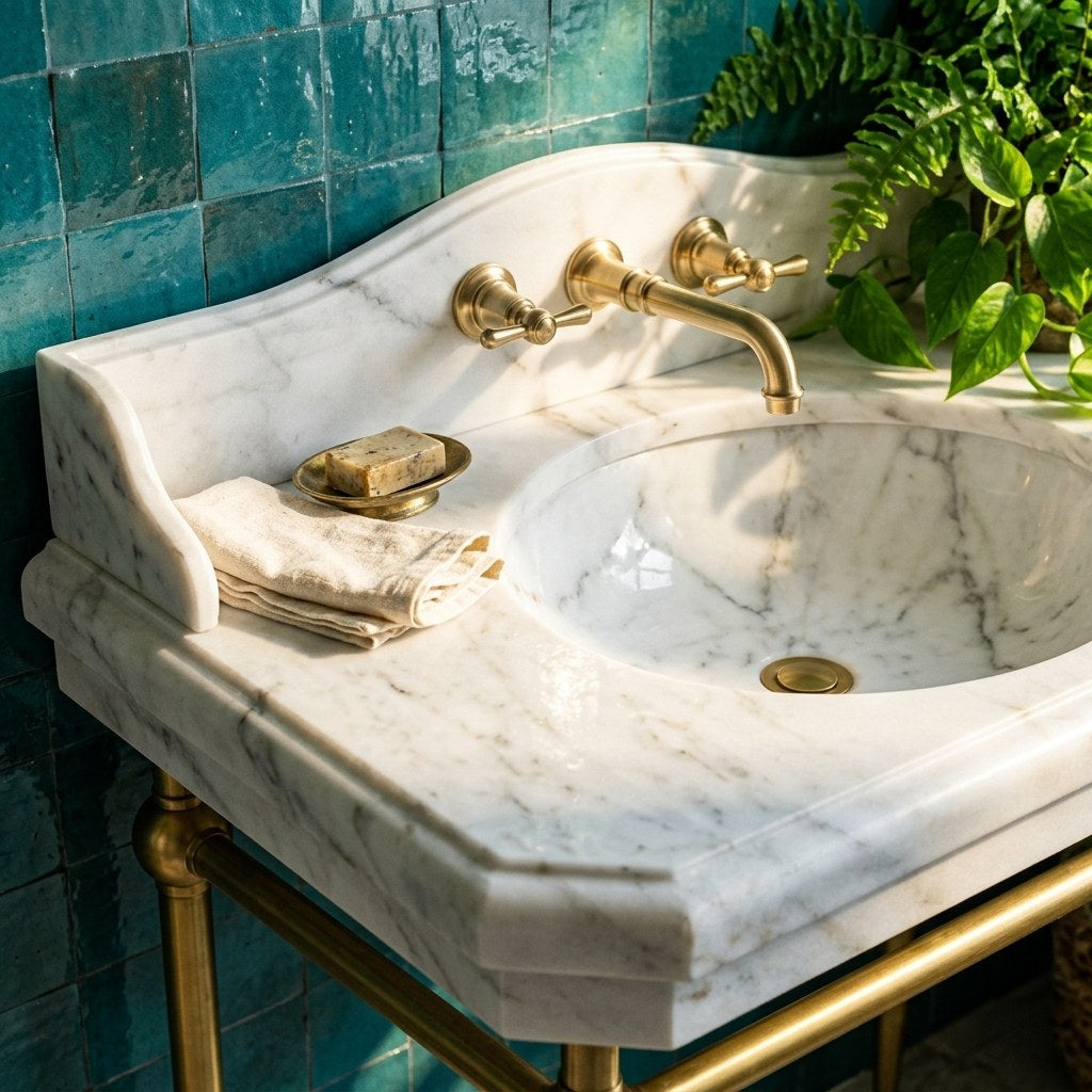 Carrara Marble Sink with Brass Gold Stand and Backsplash — premium — view 2