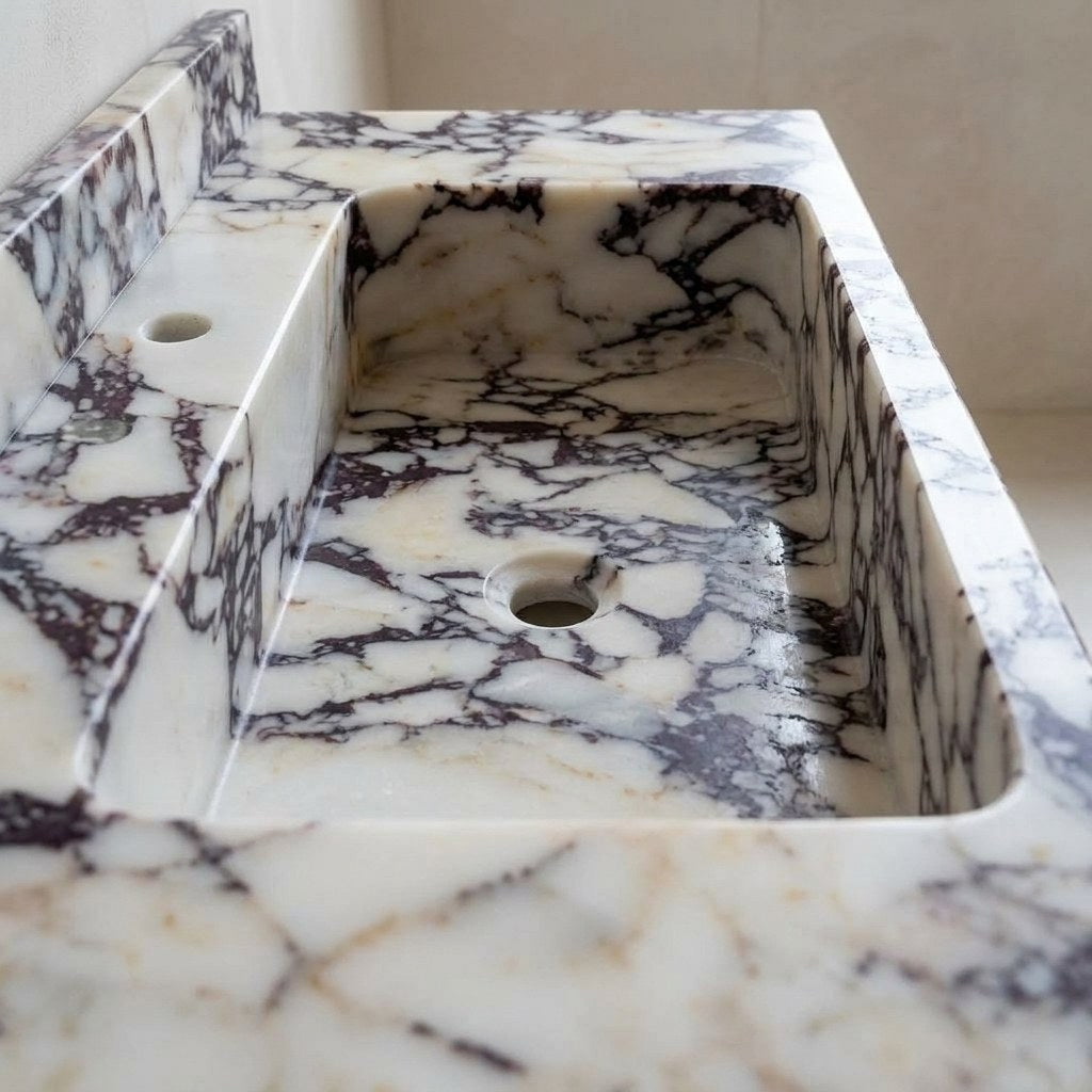 Calacatta Viola Polished Marble Sink with Backsplash — detail — view 4